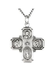 Sterling Silver Four Way Catholic Cross Medal Pendant Necklace