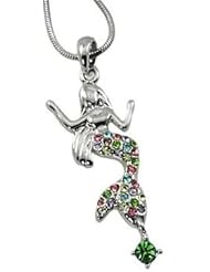Small Silver Mermaid Charm Necklace with Colorful Rainbow Embellished Crystals