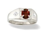 14K White Gold Genuine Oval Garnet and Diamond Men's Ring