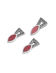 Sterling Silver Marquise Carnelian CZ Marcasite Bail Vintage Style Earring Pendant Set