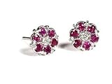 14K White Gold Flower Stud Earrings 9MM, Enhanced with Ruby and Prong Set Diamonds
