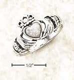 Sterling Silver Small Claddaugh Ring With White Opal Heart - Size 7.0