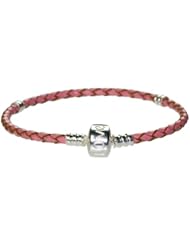 Hidden Gems (SB1009) 18cm Sterling Silver Snake Bracelet in Braided Pink Leather, Will Fit pandora/chamilia/troll type Beads and Charms