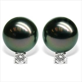 18K white gold Grace Black Tahitian cultured pearl and diamond earring by American Pearl