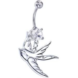 Crystalline Double Gem HOLLOW DOVE Swallow Bird Dangle Belly button Navel Ring 14 gauge