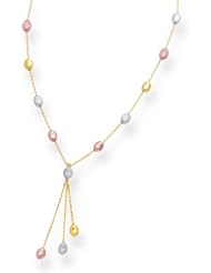 14k Solid Tri-color Gold Multiple Bead Stations Anklet 10" w/ Lobster Claw Clasp