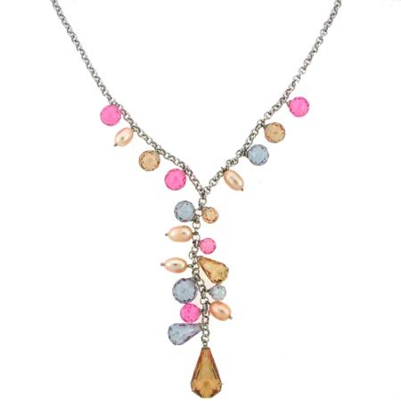Sterling Silver with Multi Color Cubic Zirconia Drop Necklace