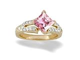 14K Yellow Gold Square Created Pink Sapphire and Diamond Engagement Ring