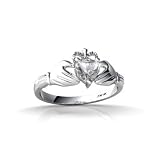 14K White Gold Genuine Heart White Topaz Celtic Claddagh Ring
