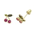 14K Gold Stud Earring red and green cz Colorful Cherry Yellow Gold Earring With Screw-Back For Kids & Teens