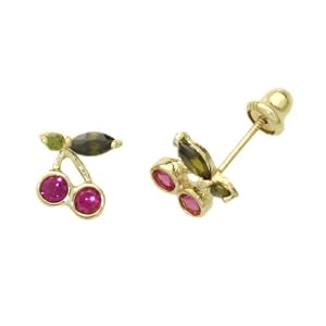 14K Gold Stud Earring red and green cz Colorful Cherry