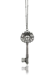 LAVISHY Antiqued Silver Plated Royal Skeleton Key Necklace - 32" Chain 2.5" Drop