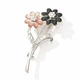 14k White Pink Black Mother Of Pearl Flower Pin With Diamond Stems