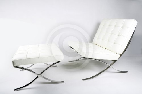 Barcelona Style Modern White Leather Pavilion Chair & Ottoman Set