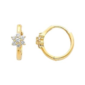 14K Yellow Gold Flower CZ Huggies Earrings for Baby and Children