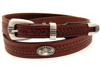 Orion Leather Medium Brown Bridle Leather Belt With Embossing And A Golf Club Concho