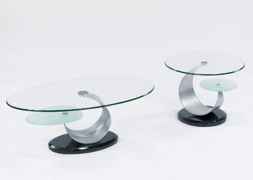 Elegant Modern Contemporary Glass Brushed Chrome Coffee Table and End Table Set
