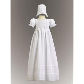 White Cotton Smocked Bodice Christening Baptism Gown