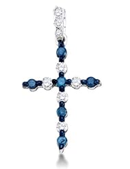 10K White Gold Round Brilliant Cut Channel Set Blue and White Diamond Cross Pendant - (1/4 cttw.)