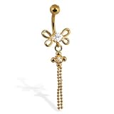 14K gold plated navel ring with dragonfly and dangles