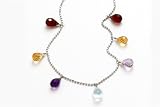 14K White Gold Beaded Diamond Cut 16 Necklace, with multi-colored dangling drop semi-precious stones
