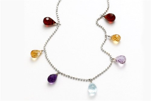 14K White Gold Beaded Diamond Cut 16 Necklace, with multi-colored dangling drop semi-precious stones