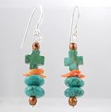 Sterling Silver, Turquiose and Spiny Oyster Dangle Earrings with Cross, #8995
