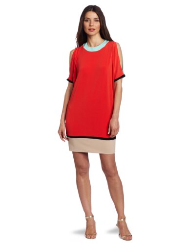 Donna Morgan Women's Color Block Cold Shoulder Dress, Fire/Mint/Biscuit/Black, 12