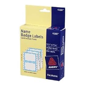 Avery 4160 Dot matrix prntr name badge labels, white w blue border, 3-1 2 x 2-7 16, 250 bx by Avery