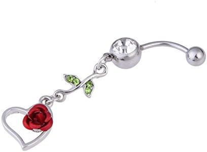 icemanaim New Rhinestone Lovely Red Rose with Leaf Heart Dangle Navel Belly Button Ring Piercing Jewelry Punk with Belly Retainer