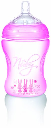 Nuby NT68008 - Natural Touch Weithalsflasche aus PP, 240 ml (Pink Design mit Soft-Flex Fla Preisvergleich