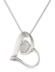Sterling Silver Open Heart Pendant with Heart Shaped Cubic Zirconia Stone Necklace, 18"