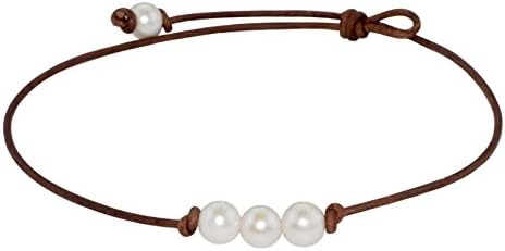 High Quality 3 Freshwater Cultured 9.5-10.5mm Pearl Necklace on Brown Leather Cord, 18"