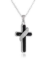 Sterling Silver Black Onyx Cross and Simulated Diamond Pendant, 18"