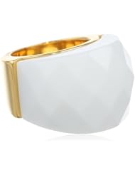 18kt Gold Plated Stainless Steel with Simulated Agate Faceted Stone Ladys Ring, Size 6