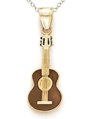 14kt Yellow Gold Brown Enamel Guitar Pendant - Chain Included