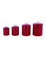 Kitchen: Enamelware Kitchen Canister Set of 4 Pieces-Lrg is 8.5H (Red w/ White Specks) - Laredo Import