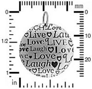 Sterling Silver Large Pendant with Live, Laugh, Love Print (24 mm Diameter)