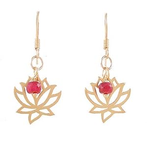 Open Design Lotus Flower and Ruby Bead Dangle Earrings in Gold Vermeil, #8087