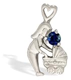 14K White Gold Genuine Round Sapphire Mother with Child Pendant