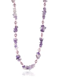 Amethyst Chip, Swarovski Elements Bicone Bead and Purple Color Freshwater Cultured Pearl with Sterling Silver Clasp Necklace, 17"