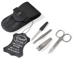 Travel Stainless Steel Manicure Set in a Black Leather Case. Made in Solingen, Germany