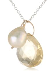 Melissa Joy Manning Limited Edition 14k Gold and Sterling Silver Faceted Citrine Heart and Baroque Pearl Necklace, 32"