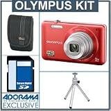 Olympus VG-120 Digital Camera Kit - Red - with 4GB SD Memory Card, Camera Case, Table Top Tripod