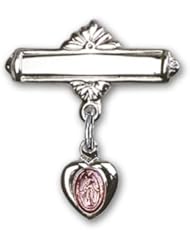 Sterling Silver Baby Badge with Pink Miraculous Charm and Polished Badge Pin