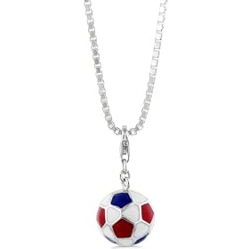 Sterling Silver Blue-White-Red Enamel Soccer Ball Pendant w/22" Heavy Box Chain