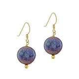 Vermeil (24k Gold over Sterling Silver) Genuine Freshwater Cultured Round Iridescent Black Coin Pearl Bead Dangle Hook Earrings