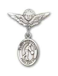 Sterling Silver Baby Badge with St. Sebastian/Basketball Charm and Angel with Wings Badge Pin