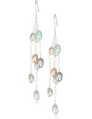 Sterling Silver Chain and Multi-Pastel Freshwater Cultured Pearl Station 4 Row Drop French Wire Dangle Earrings