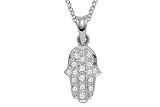 14K White Gold Hand of God or Chamsa Pendant, Enhanced with Pave Set Diamonds, Sliding on a 16 Cable-Chain Necklace.